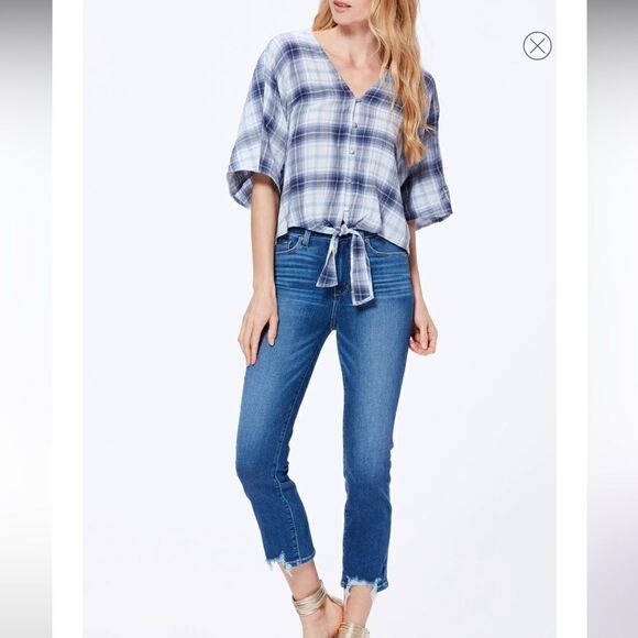 Paige Baylee Plaid Tie Front Cotton Blend Top In Eventide Multi - Picture 15 of 15